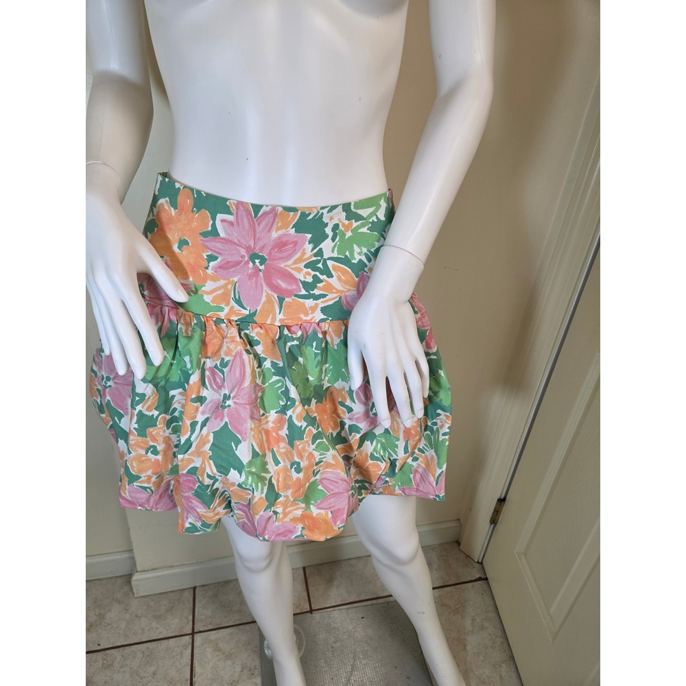 Free People Floral Bubble Hem Mini Skirt Pink Green Orange Smocked Back Cotton